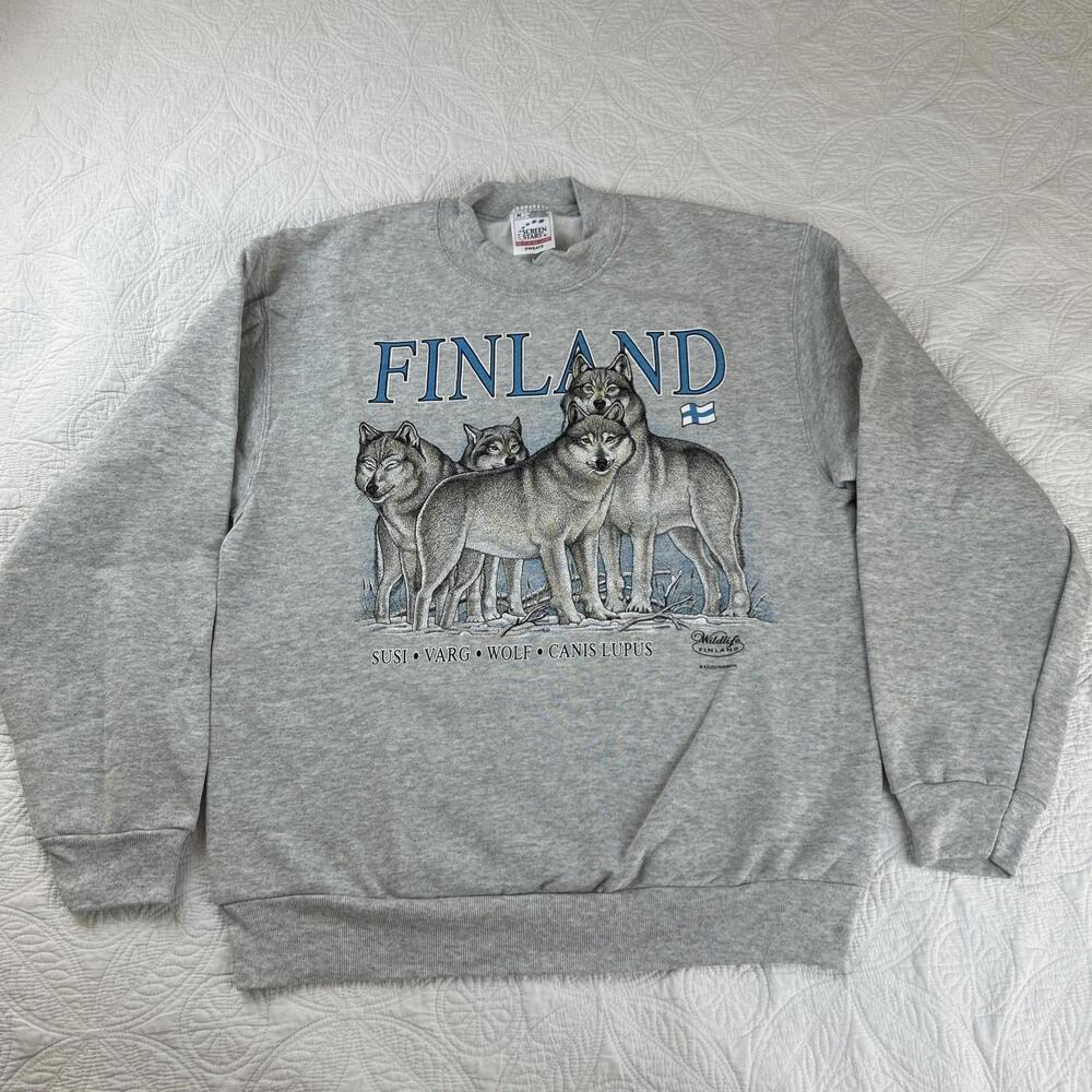 Vintage Wolf Pack Sweatshirt Men’s Medium Gray Nature Wildlife Graphic 90s